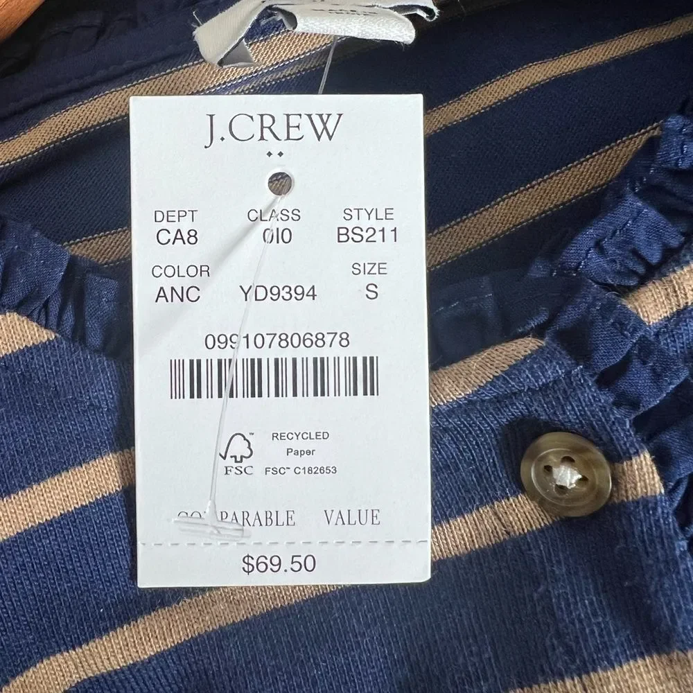 J. Crew Blue Tan Striped Ruffle-Collar Henley Top